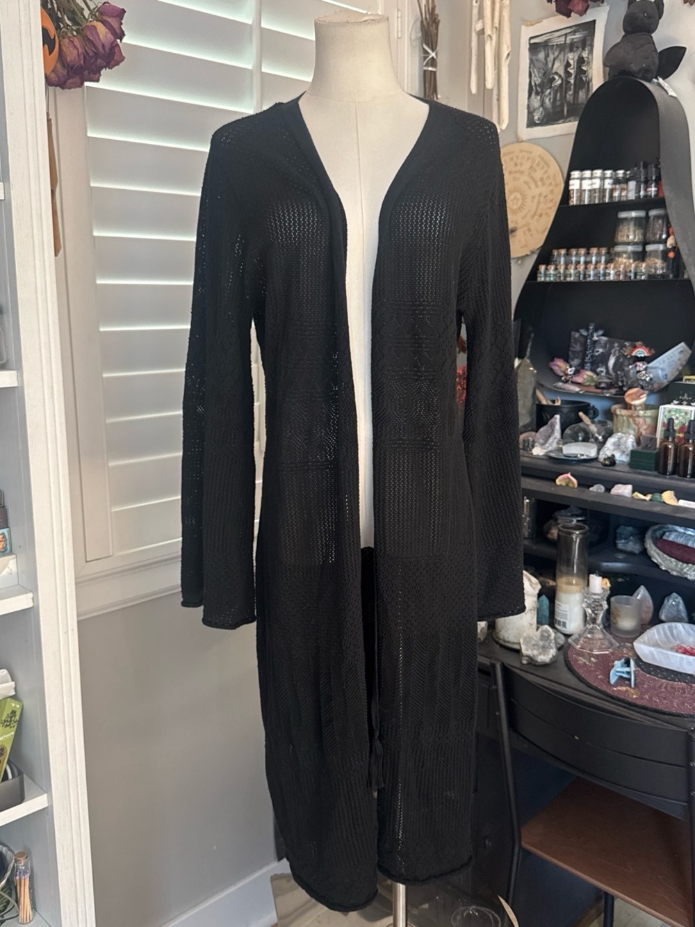 Knee Length Long Sleeve Witchy Open Knit Black Cardigan